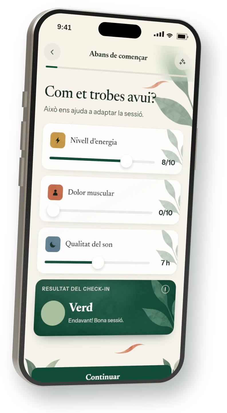 Mòbil amb la pantalla de check-in de l’app ALÈ: energia, dolor muscular i son, amb resultat verd