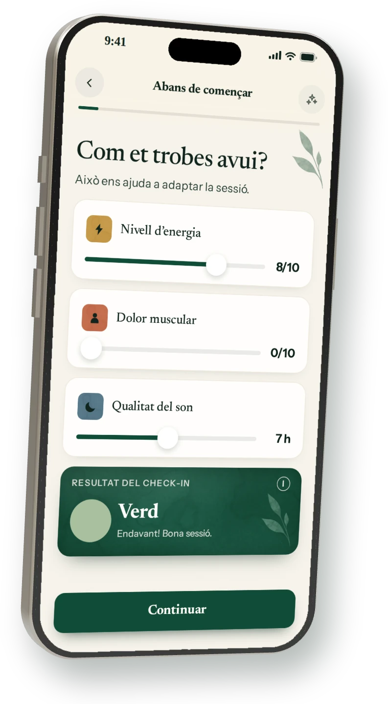 Mòbil amb la pantalla de check-in de l’app ALÈ: energia, dolor muscular i son, amb resultat verd