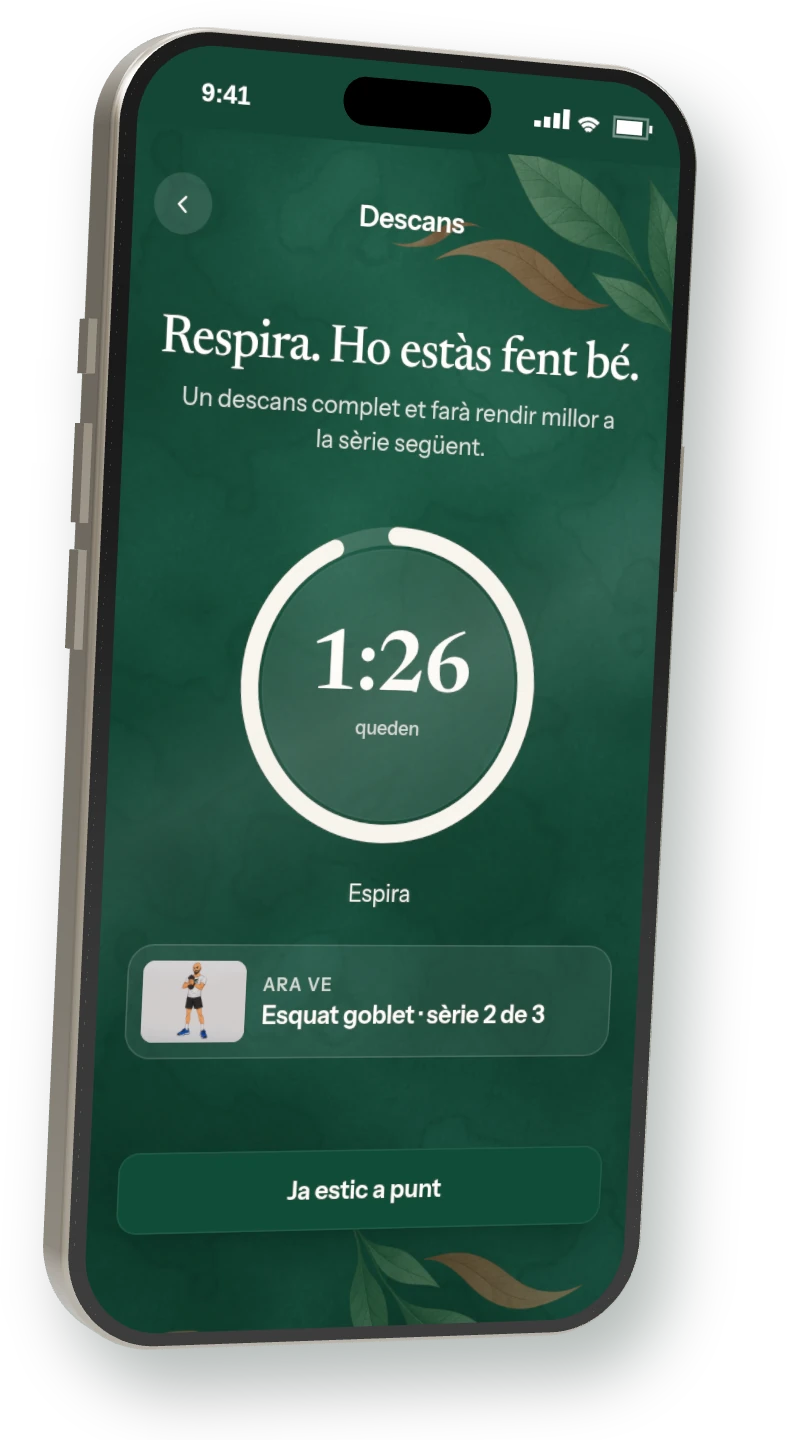 Mòbil amb la pantalla de descans: compte enrere d’1:26 i respiració guiada