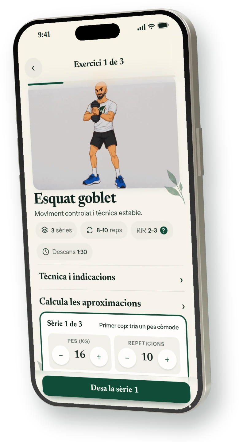 Mòbil amb l’exercici Esquat goblet: l’avatar animat mostra el moviment, amb les sèries, les repeticions, el RIR i el descans