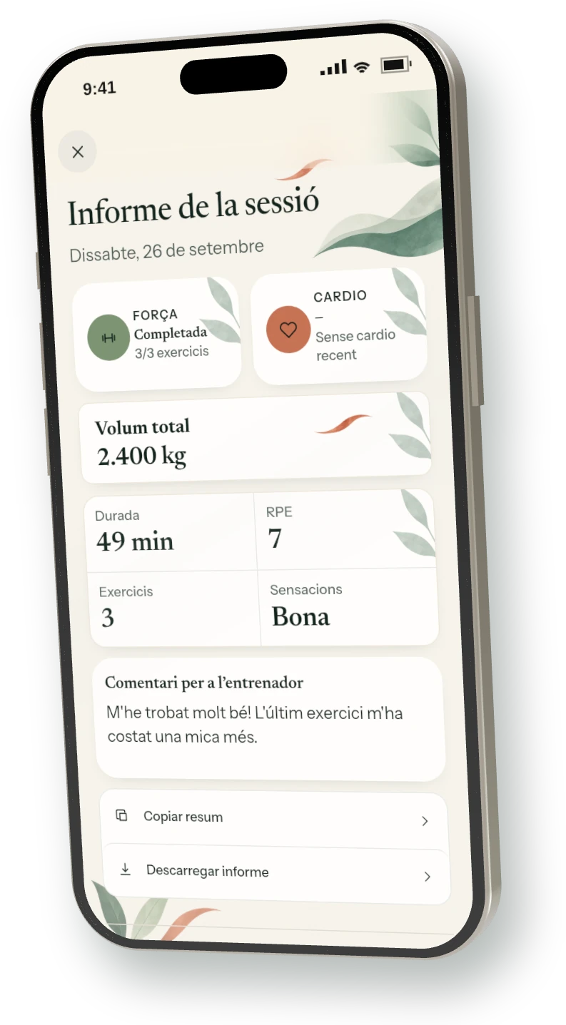 Mòbil amb l’informe de la sessió: volum, durada, esforç, sensacions i el comentari per a l’entrenador, amb l’opció de descarregar-lo