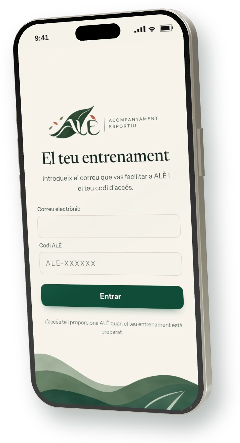 Mòbil amb la pantalla d'inici de sessió de l'app ALÈ: correu electrònic i Codi ALÈ